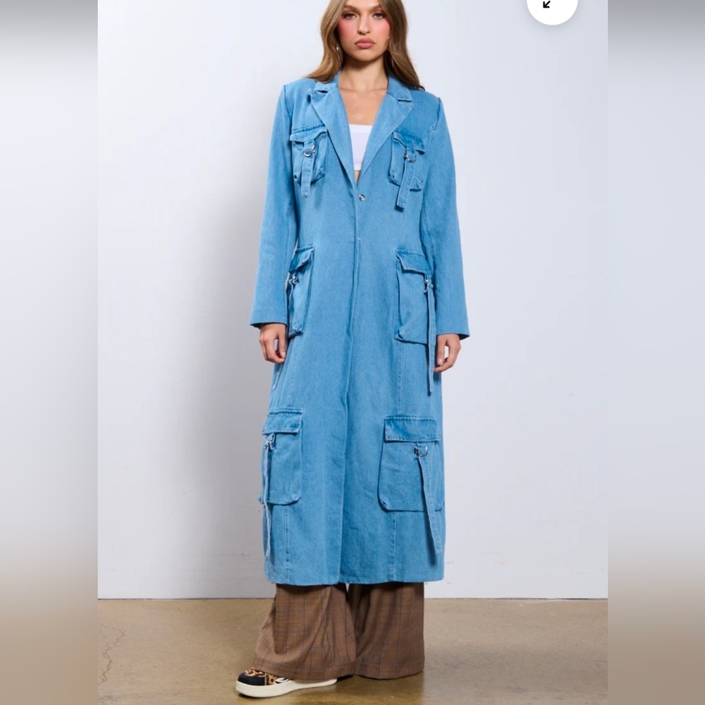 Women's Blue Denim Long Coat - Picture 2 of 5